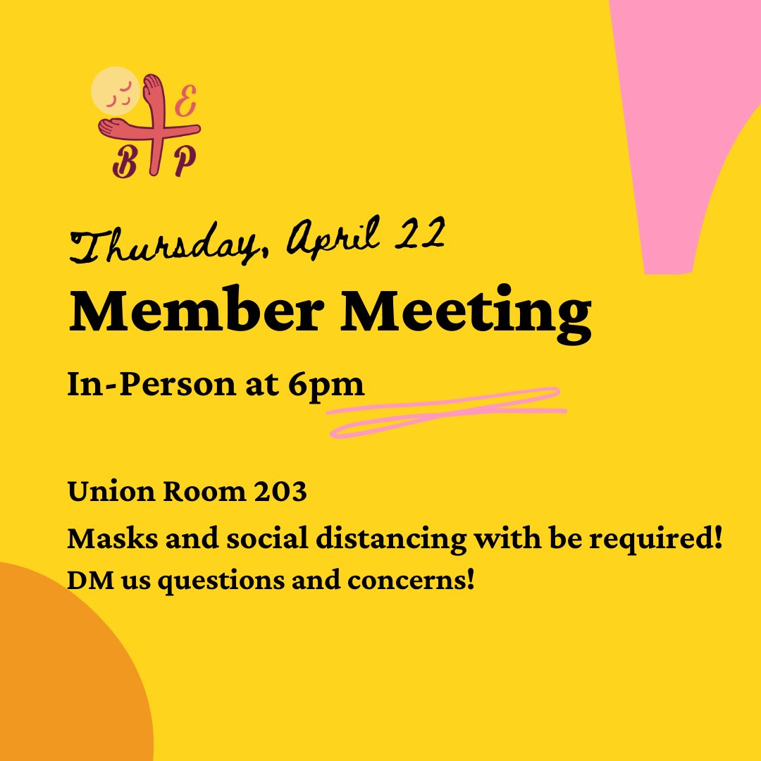 ebp_uw's tweet image. We have a member meeting tomorrow, April 22, at 6 pm! The meeting will be in-person in Union Room 203. Masks and social distancing will be required! Please come join for a fun evening of positivity!