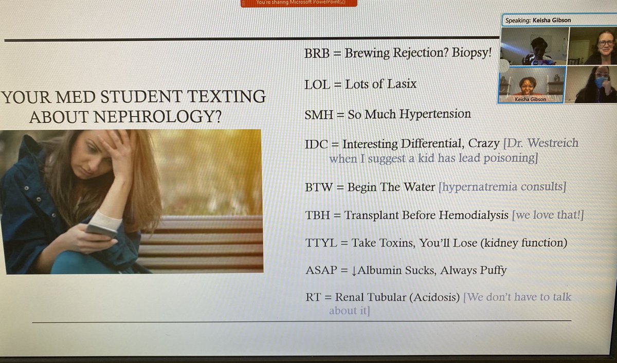 Excellent lecture from med student and peds neph hopeful <a href="/RafRegardless/">Rafi</a>!! Sharing updates on ADTKD and nephrology texting! Hilarious 🤣 Check it out #NephTwitter With <a href="/Dr_KeishaGibson/">Keisha Gibson</a> @DoreyGlenn <a href="/KatieWestreich/">Katie Westreich, MD</a> <a href="/Ninjes2/">Jessica Stahl, MD, MS</a> <a href="/LizKotzen/">Liz Kotzen, MD, MSCR</a>