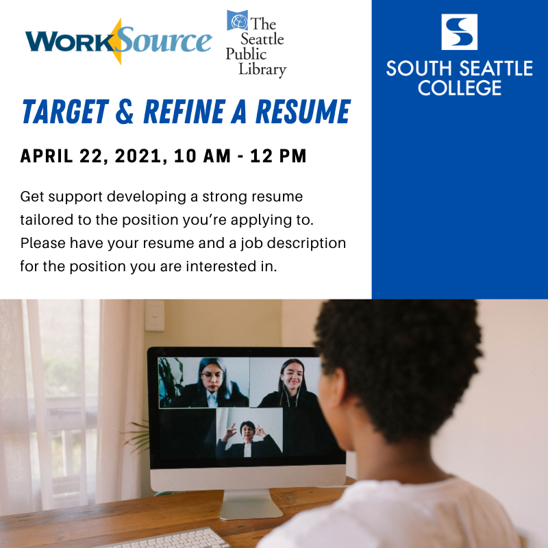 SouthSeattleCC's tweet photo. 📝 TOMORROW: #WorkSource &amp; @SPLBuzz are teaming up to offer a virtual "Target &amp; Refine Your Resume" Workshop, April 22 from 10-12pm. ALL students welcome!

RSVP: https://t.co/UqK1MNLTLw
Learn More: https://t.co/jdBwyl6oTq https://t.co/EI6RVW401Z