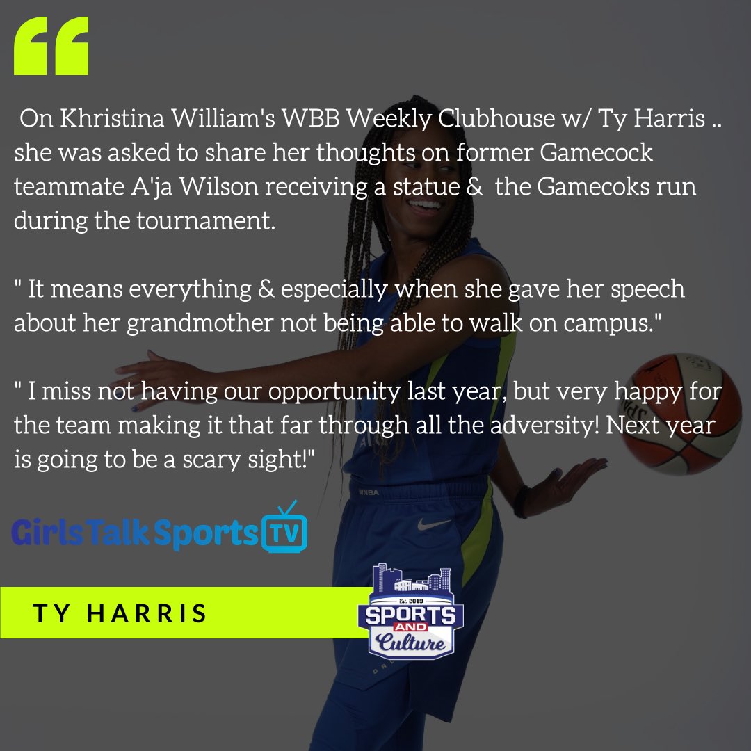 MySportsCulture's tweet photo. Nothings but excellent content as always from @Khristina2334 CH @WbbWeekly . Today she had on star PG @TyHarris_52 of the @DallasWings to talk about last season, Gamecocks, and who gave her the welcome to the @WNBA moment! #wbbweekly #WNBA https://t.co/5XHcqc7yxA