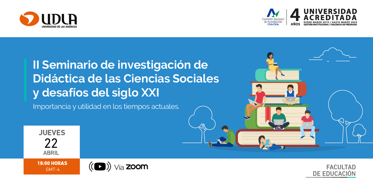 FeduUdla's tweet photo. 🔴[#WebinrUDLA] II Seminario de investigación de Didáctica de las Ciencias Sociales y desafíos del siglo XXI

🔺22 abril 2021 18:00 horas🔻

🔹Inscripciones aquí ➡️ https://t.co/8ejlG6F7SL

#UDLA #UDLAChile #Pedagogía #Educación
#Profesores
#Profesoras #Educadores #EducaciónUDLA https://t.co/XeMPRwXd1I