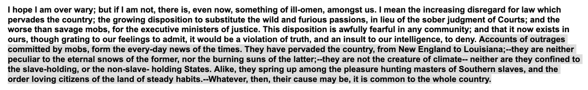 The West was more similar to the South on this point--in fact, so was everyplace that wasn& #39;t a major Northern city. That& #39;s why Lincoln& #39;s famous Lyceum speech says that every single state is overrun by *daily* mob violence, but *does not even mention police*!