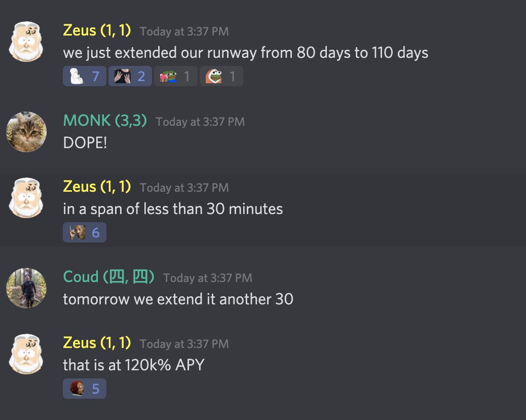 DAI Bonds went live today at  @OlympusDAO"We just added almost 350k Ohm to the distributor. The amount of supply that LP Bonds created in 3 weeks, we just did in 15 mins.""We just extended our runway from 80 days to 110 in a span of less than 30 minutes. That is at 120k% APY"