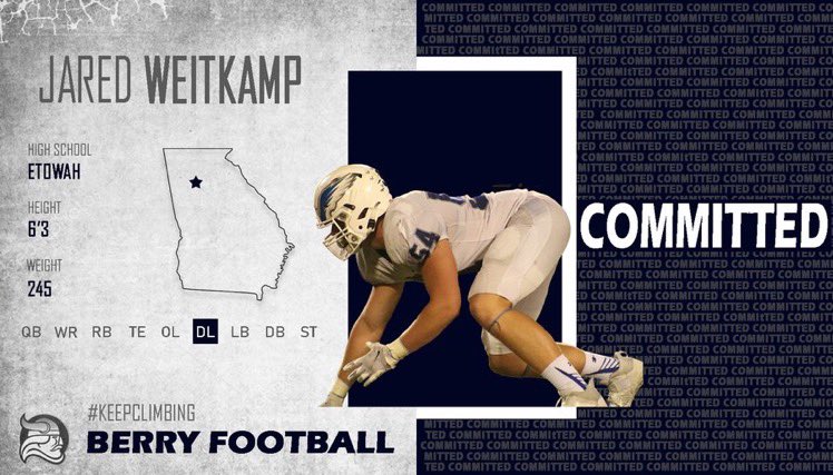 After much consideration, I am excited to say that I am committed to play football at Berry College!! #keepclimbing <a href="/BCCoachK/">Tony Kunczewski</a> @BCCoachSmith