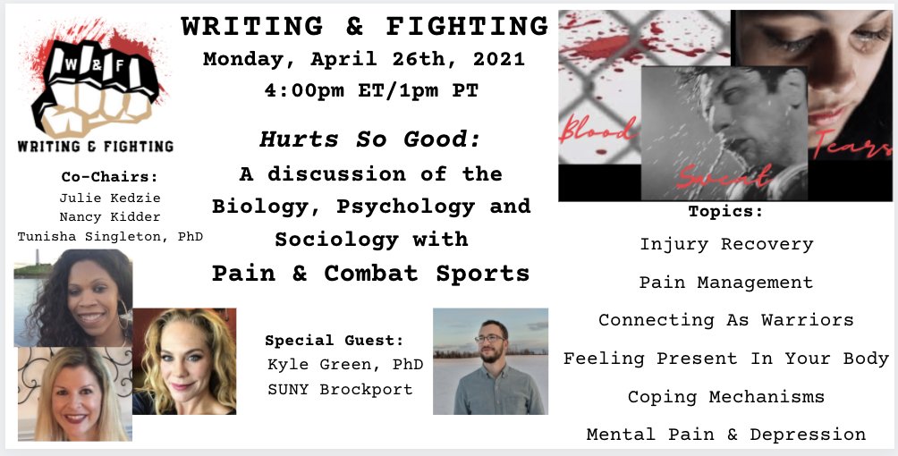 NancyAnnKidder's tweet image. RE-POST! Writing &amp;amp; Fighting Panel is Monday, April 26th* at 4pm ET/1pm PT
*Students, always double check your work! 
@kylethegreen @TSingletonSays @julesk_fighter