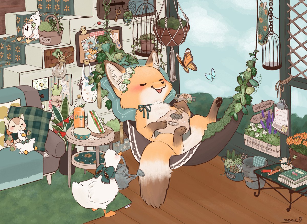 「🍀🦊のんびり日和🦊🍀 」|ぺんぺん草のめめのイラスト