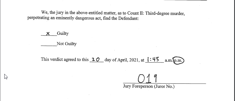 cathyrusson's tweet photo. CORRECTION TO EARLIER TWEET:  #DerekChauvinTrial jury deliberated 4 hours on Monday. 5 hrs 45 mins on Tuesday before signing the verdict forms.  That's a total of 9hrs 45 mins.  @LawCrimeNetwork #GeorgeFloyd #ChauvinTrial https://t.co/kj930BLQIg