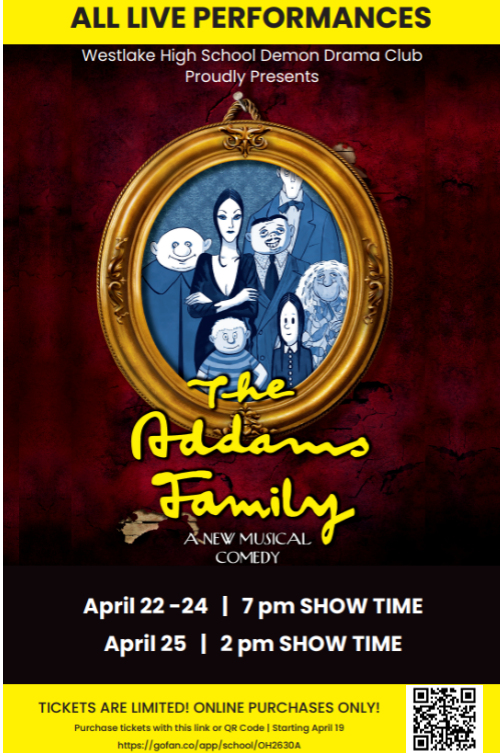 Don't miss out! Get your tickets to see The Adams Family, presented by the WHS drama club. Scan the QR code to purchase your tickets online.