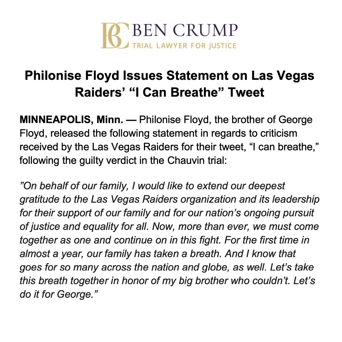NEWS ALERT: Philonise Floyd (<a href="/FloydPhilonise/">Philonise Floyd</a>) has issued a statement responding to this <a href="/Raiders/">Las Vegas Raiders</a> tweet about his brother George Floyd.
