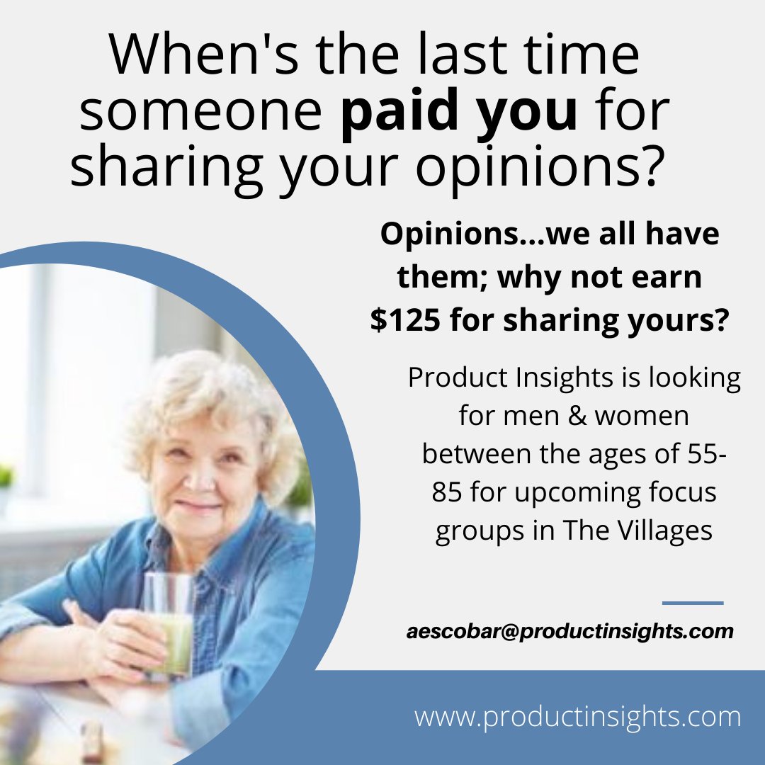 ProductInsights's tweet photo. When is the last time someone wanted to hear your opinion? Well, Product Insights does! We'll even pay you $125 for sharing it!

If you’d like to see if you qualify, please answer the questions on the following link: https://t.co/mTSsacYjEV

#Villages_News #TheVillageNews #TV https://t.co/JbPiKMNiow