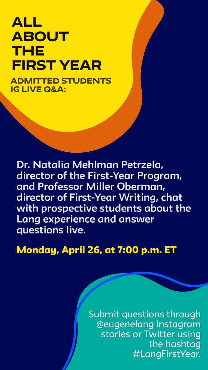 Are you starting at Lang in Fall 2021?

Join <a href="/MillerOberman/">Miller Wolf Oberman</a> and <a href="/nataliapetrzela/">Natalia Mehlman Petrzela</a> for a live Q&amp;A about the #NerdyLang experience. 

Submit your questions on our Instagram or use the #LangFirstYear hashtag!