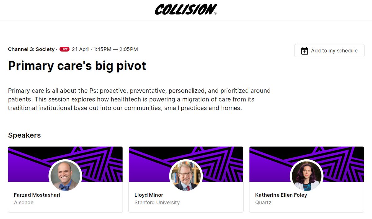Old health care has been built around the convenience of the doctor. New system needs to be built around the convenience of the patient. 

Lloyd Minor, Stanford  University 

#CollisionConf 
#healthcare 
#health