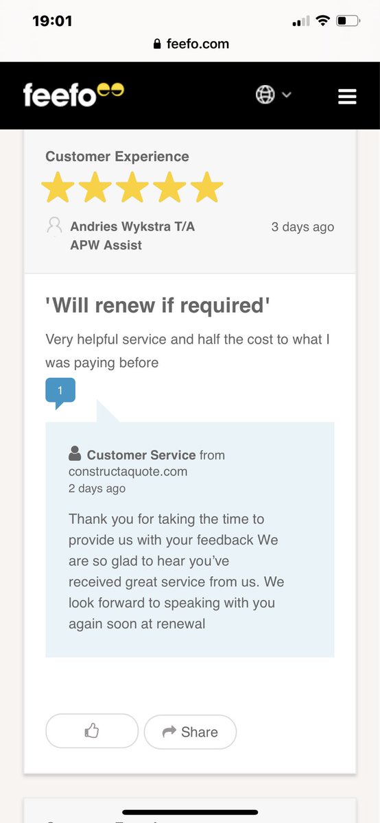 Great testimonial from a new customer. Really important to us because we measure ourselves against how satisfied our customers are. We are not perfect but do our best to be. Thank you.