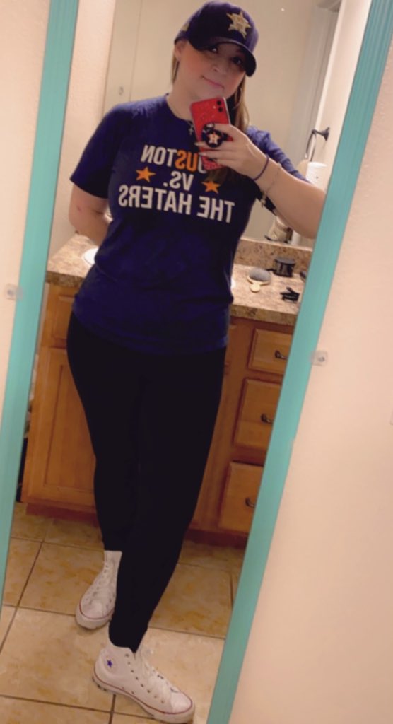 thestephsantana's tweet photo. Welp, I almost didn’t want to post this. I love my @astros but gee wiz we need a miracle. So here is your girl rocking my #GameDay #Selfie (look at the kicks) #RespectTheDripKaren #AstrosTwitter @RamShirts kick arse! https://t.co/Ulx6tZvHAW