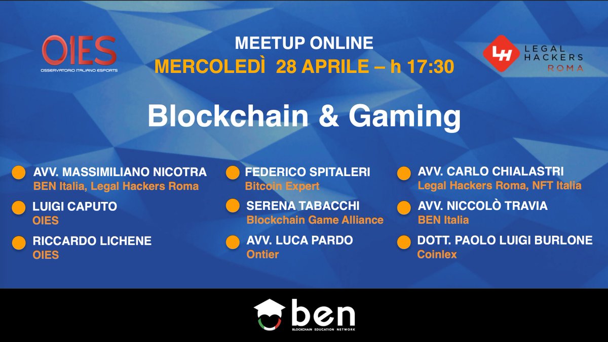 📅 Il 28 aprile dalle 17:30 affronteremo il tema delle integrazioni tra #gaming e #blockchain, parlando anche di #NFT e #copyright

👥🎙 Alla fine di ogni sessione ci sarà una fase di networking e Q&amp;A con gli speaker

➡ Iscriviti da qui: bit.ly/2QeRSjw
#BlockchainEdu