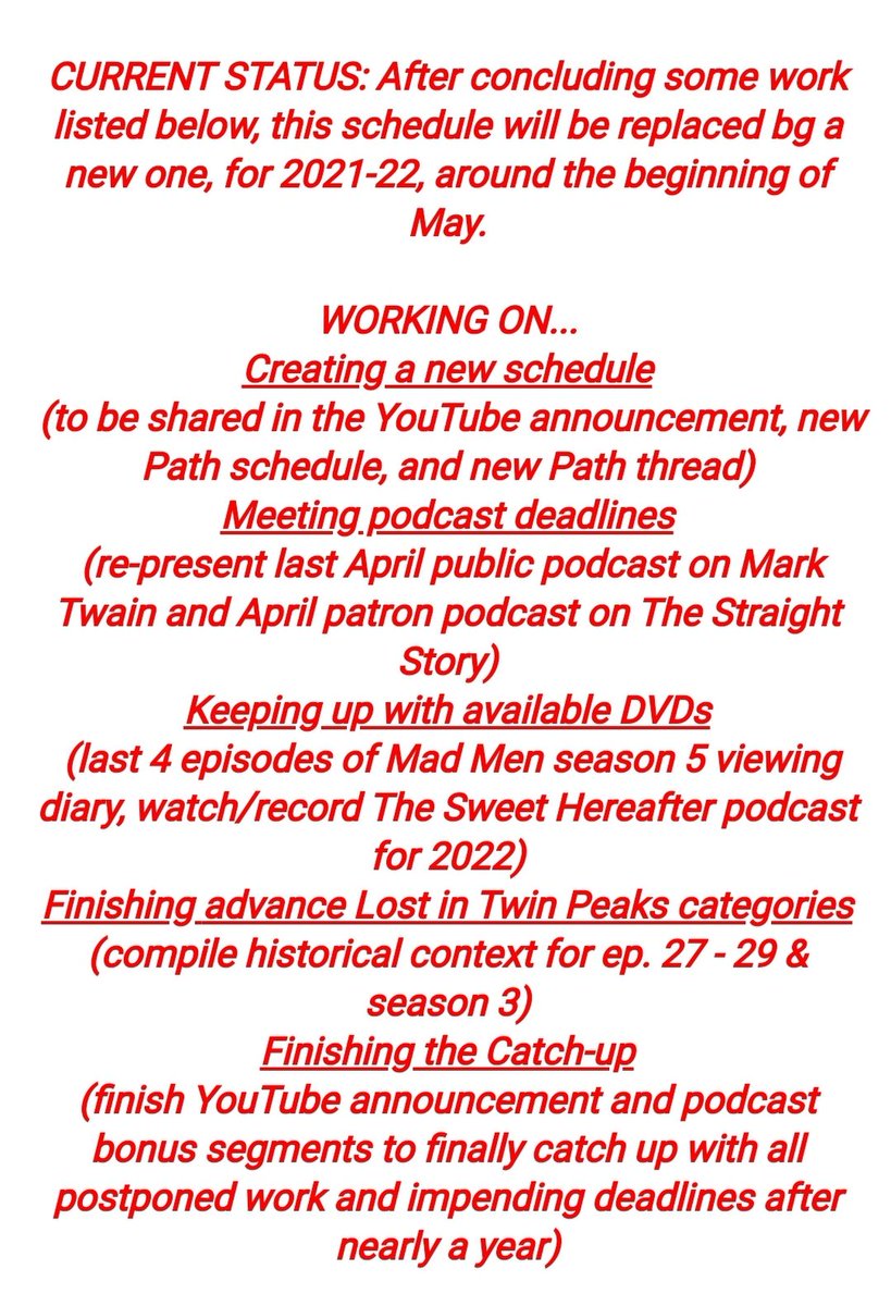 Still need to finish some things up before those two last Catch-Up steps. Here is what's in store. I'll keep updating these threads till probably April 30, when I create a new, much more long-lasting, and hopefully more feasible schedule. Podcasts & DVDs will be mixed.