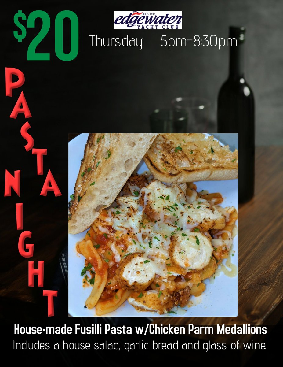 Come in for Pasta Night on Thursday!  House-made Pasta by Chef Ray: Fusilli Pasta with Chicken Parmesan medallions and Marinara Sauce.  Served with a house salad, garlic bread and a glass of wine.