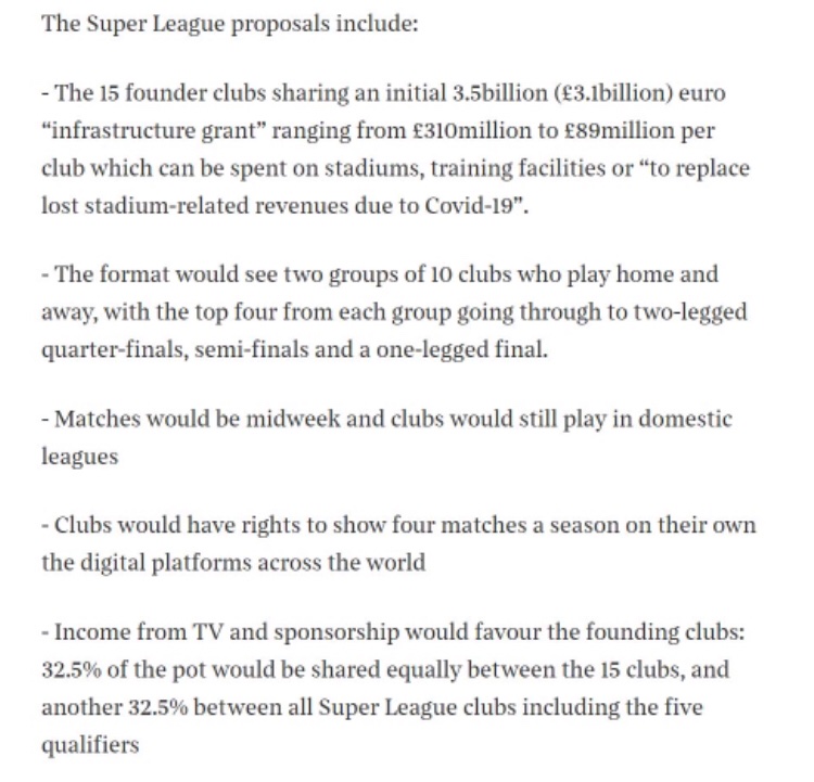 And that’s before we consider The Times’ claim that founding clubs would receive from £89m to £310m for signing up.It defies logic that any club involved (except Spurs) would accept receiving £220m lower than others from the off, with further huge payment disparities to come.