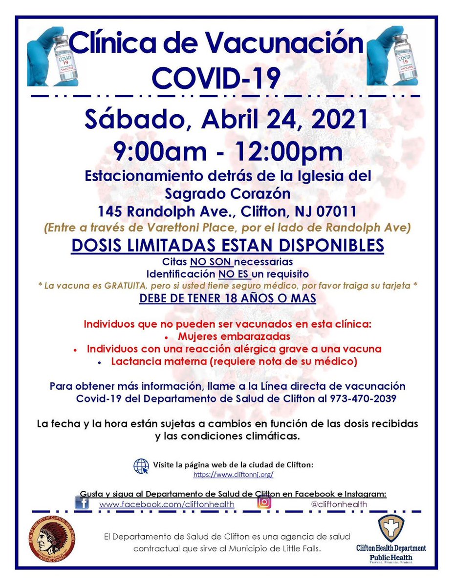 Clifton Public School 12 / 12 Annex (@cliftonschool12) on Twitter photo Walk up vaccinations this Saturday! The Clifton Health Dept will be doing vaccinations on 4/24 from 9-12pm in the lot behind Sacred Heart Church. IDs NOT REQUIRED <a href="/cliftonschools/">Clifton Schools</a> <a href="/cliftonsupt/">Danny A. Robertozzi, Ed.D.</a> #oneClifton #cliftonconnects #pandapride🐼 Walk up vaccinations this Saturday! The Clifton Health Dept will be doing vaccinations on 4/24 from 9-12pm in the lot behind Sacred Heart Church. IDs NOT REQUIRED <a href="/cliftonschools/">Clifton Schools</a> <a href="/cliftonsupt/">Danny A. Robertozzi, Ed.D.</a> #oneClifton #cliftonconnects #pandapride🐼