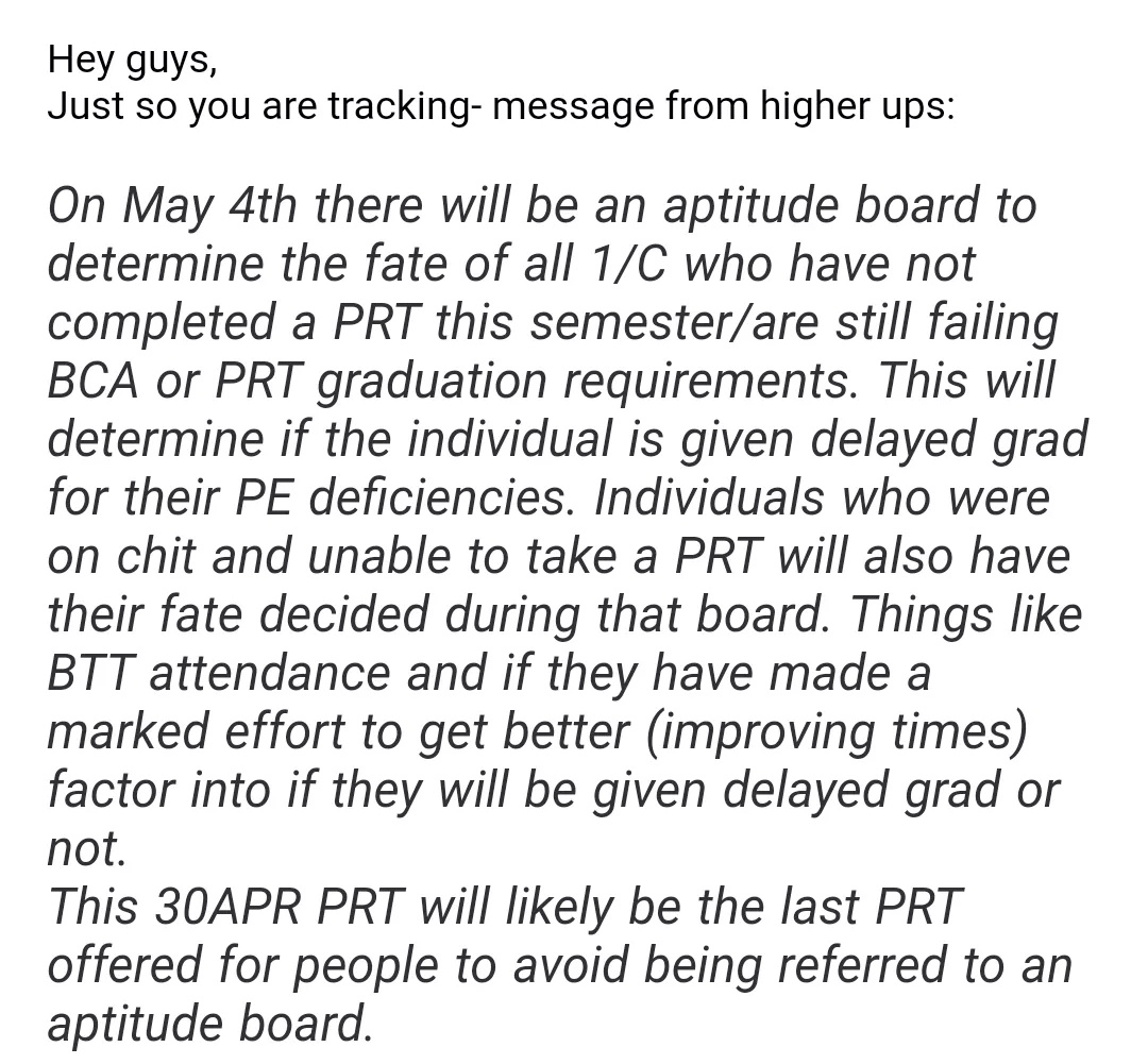 SaltyOldGrad's tweet photo. NOTHING BETTER than the SWEET TASTE of THREATENING someone's ACADEMIC DEGREE over their INABILITY to do PUSHUPS at a HIGHER STANDARD than the FLEET regardless of any INJURIES or REASONABLE EXCUSE love calling it "DECIDING THEIR FATE" huge boost to people's mental health im sure https://t.co/70yZepEiaB