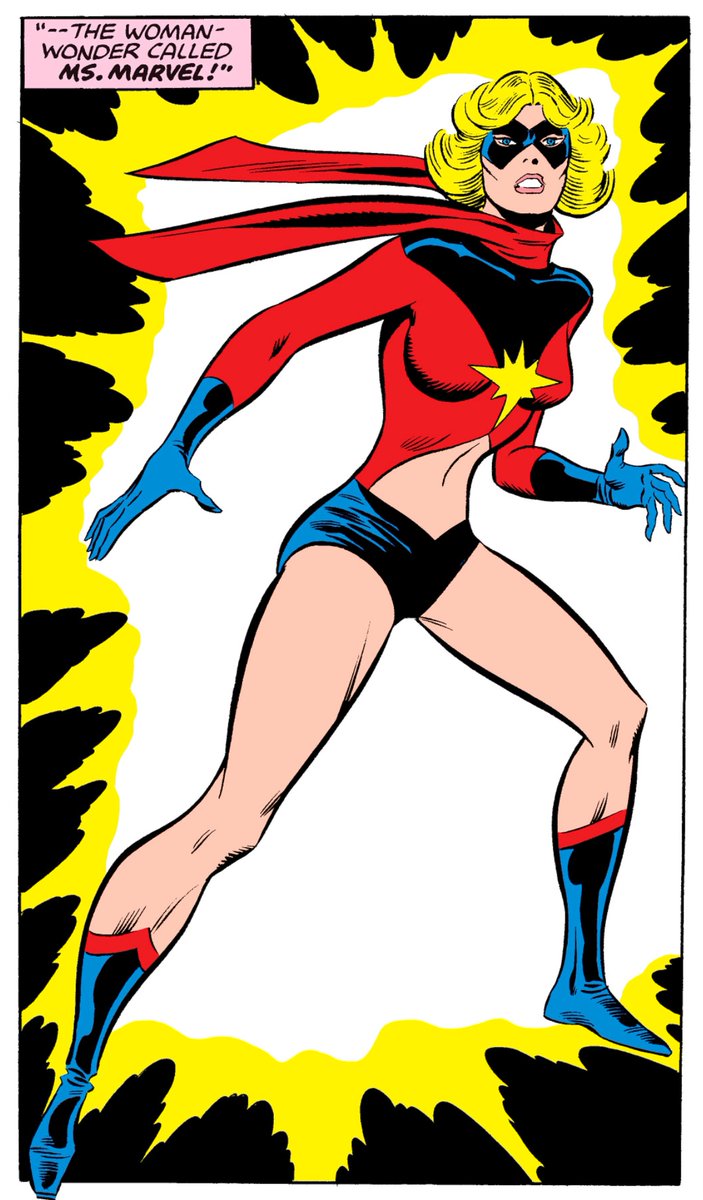 2. Her first costume as Ms. Marvel! This costume, debuting in Ms. Marvel #1 in 1977 persisted for most of her original run, until 1978's issue #19; except for that bare stomach, which dissapeared in the middle of it, in issue #9, still in 1977.