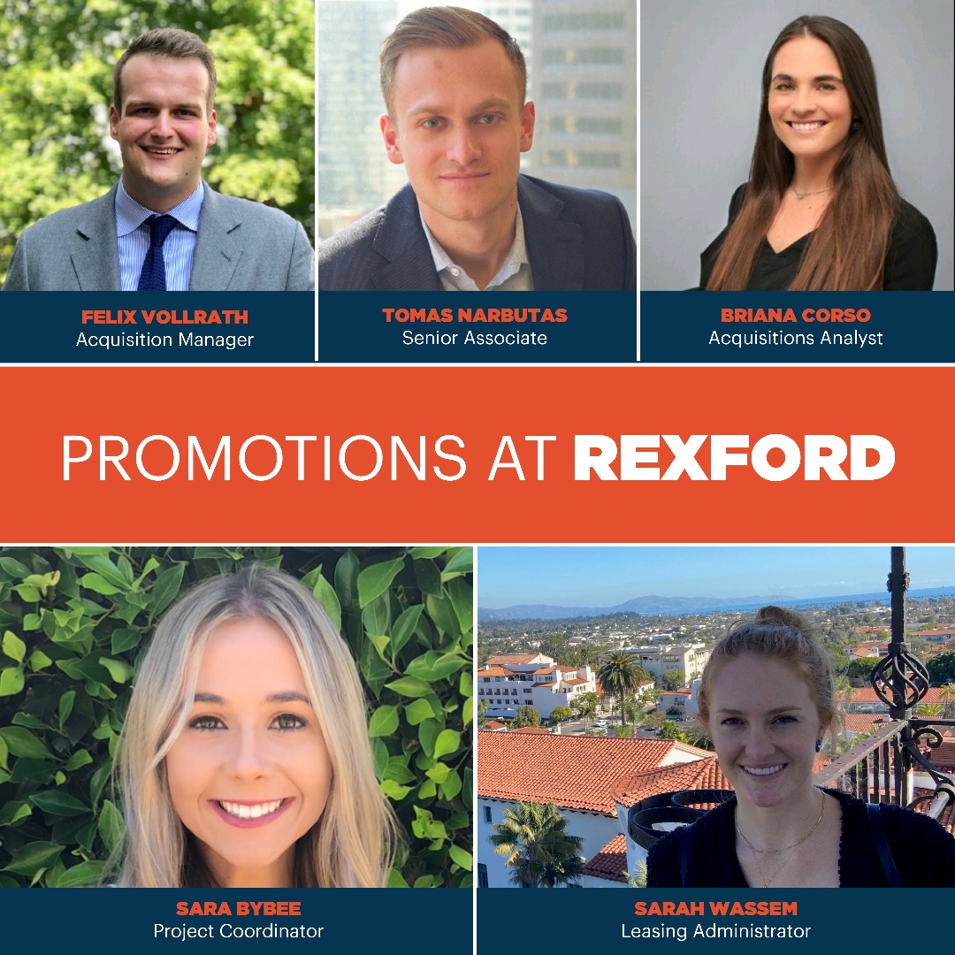 Congratulations to our recent Rexford promotions. Felix Vollrath, Tomas Narbutas, Briana Corso, Sara Bybee and Sarah Wassem. 

#promotions #rexfordindustrial #cre #industrial #celebrate