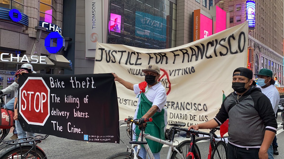 Lots of signs honoring Francisco Villalva Vitinio, the Harlem delivery worker who was shot to death on the job earlier this month by someone who allegedly was trying to steal his e-bike.