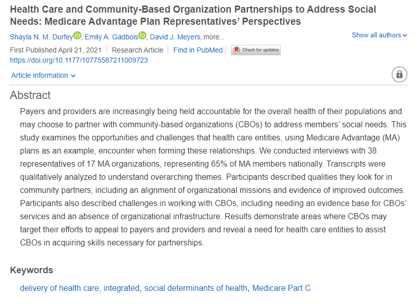 Just released today, MCRR's newest article is: 'Health Care and Community-Based Organization Partnerships to Address Social Needs: Medicare Advantage Plan Representatives’ Perspectives'! You can read it now at journals.sagepub.com/doi/full/10.11…!