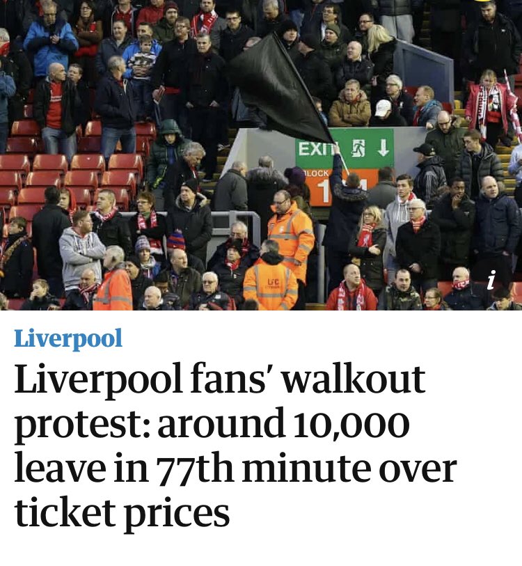 February 2016: FSG raise Anfield ticket prices to £77. Fans protest and walk off the Kop after 77 minutes. FSG reversed the decision and said they would learn from it, they didn’t. Revenue before fans, as always. They denied accusations of being “greedy”.