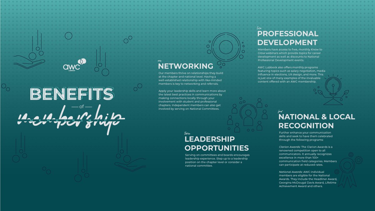 AWCLubbock's tweet photo. AWC membership offers many benefits to help you get ahead in your career. Read a few of the reasons you should #JoinAWC below, or visit the link to get the full scoop.
https://t.co/tgIDukb7PS https://t.co/iBAZGRRsCE