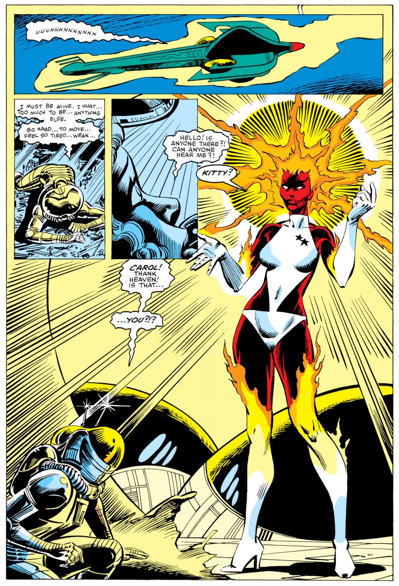 4. After a ton of sad stuff, Carol leaves the Avengers and pals around with the X-Men. During an off-world adventure, she becomes the cosmic Binary, with an all-new look that she would have from 1982 to 1996. She still "goes Binary" sometimes, but without the costume.