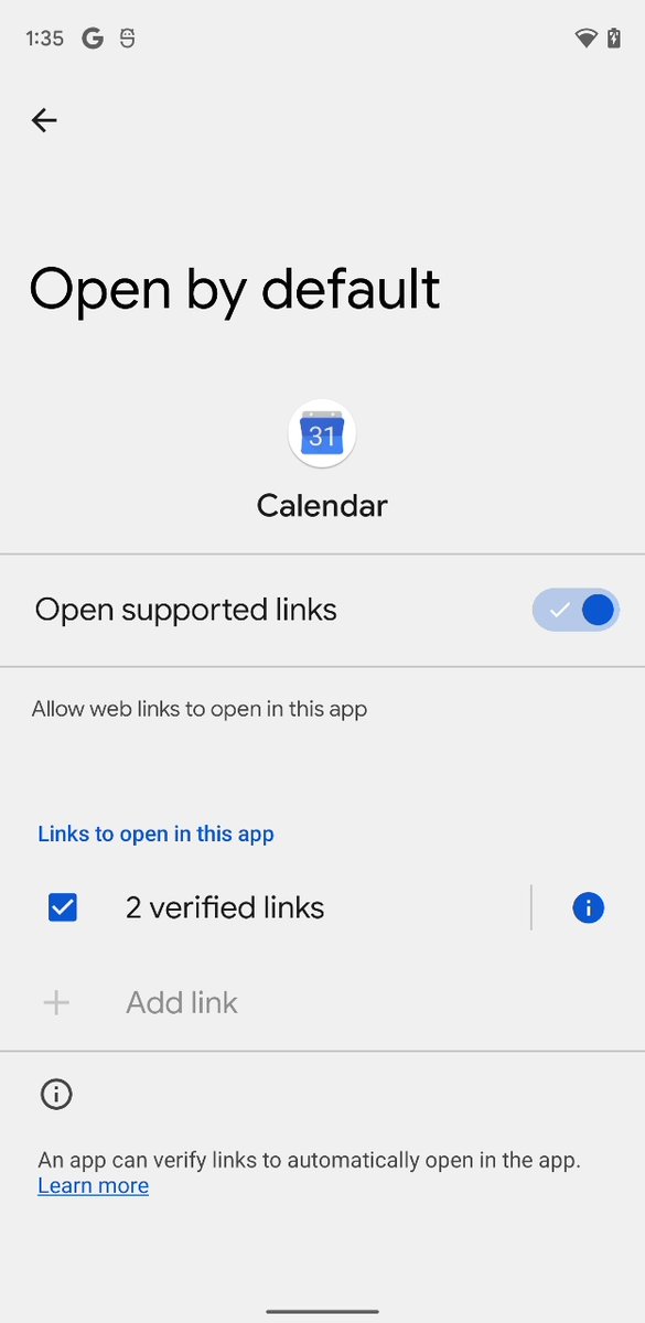 There's an option to manually add a link that an app should open by default, but it's grayed out on all app pages for me. (This was also the case in the leaked build, but I never posted about it.)