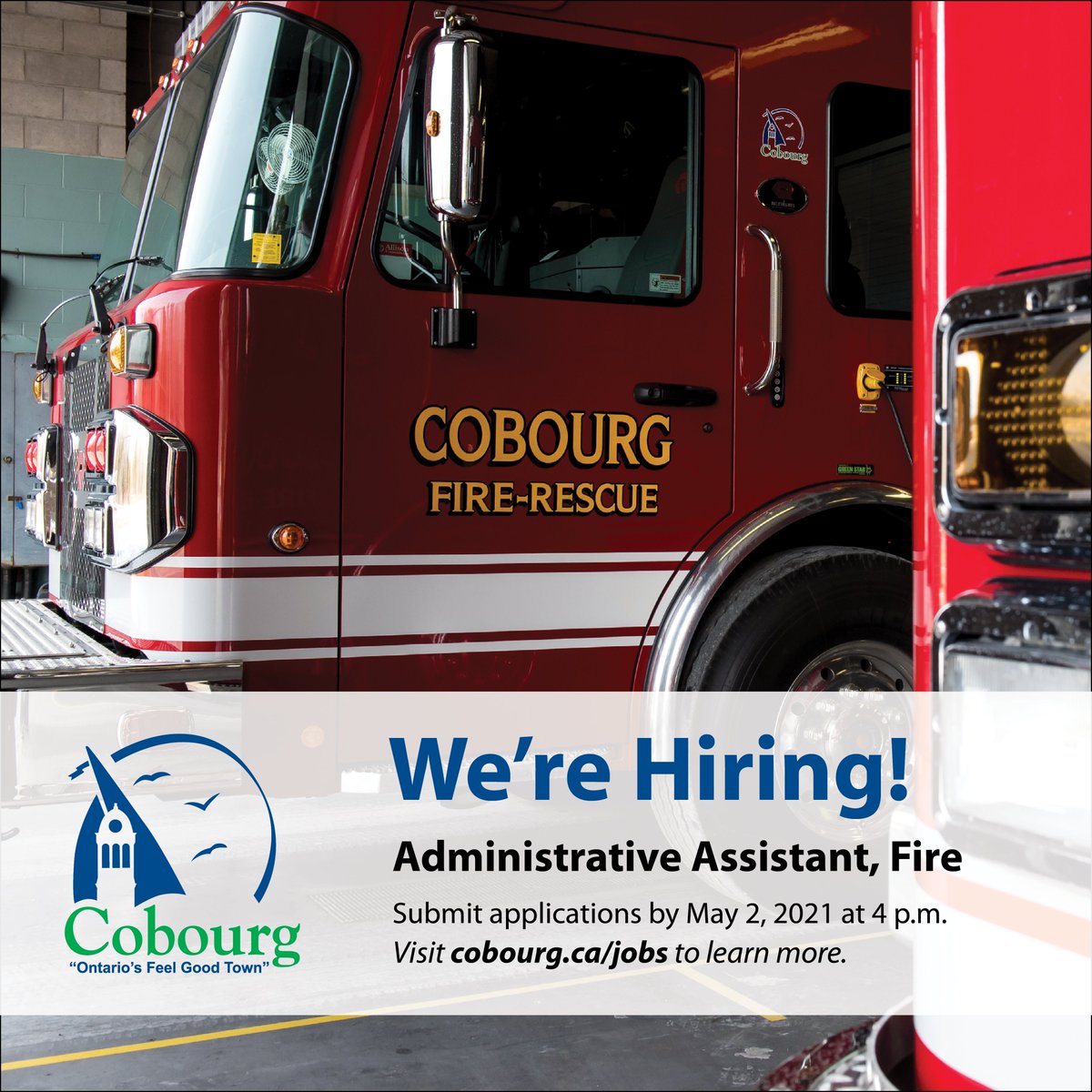 HUMAN RESOURCES: It's #AdministrativeProfessionalsDay, and we are hiring for an Administrative Assistant to join the <a href="/CobourgFireDept/">Cobourg Fire Dept.</a>.

Apply by Sunday, May 2, 2021 at 4 p.m.
Visit cobourg.ca/jobs to view the full job description.