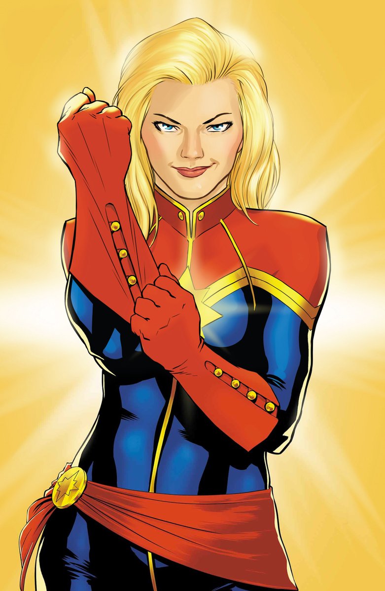 6. After that, she went back to her Ms. Marvel look and name for a few years, until 2012, when she got her most iconic and well known look and moniker yet: Captain Marvel. The original design was by  @McKelvie, who's also participating this issue!