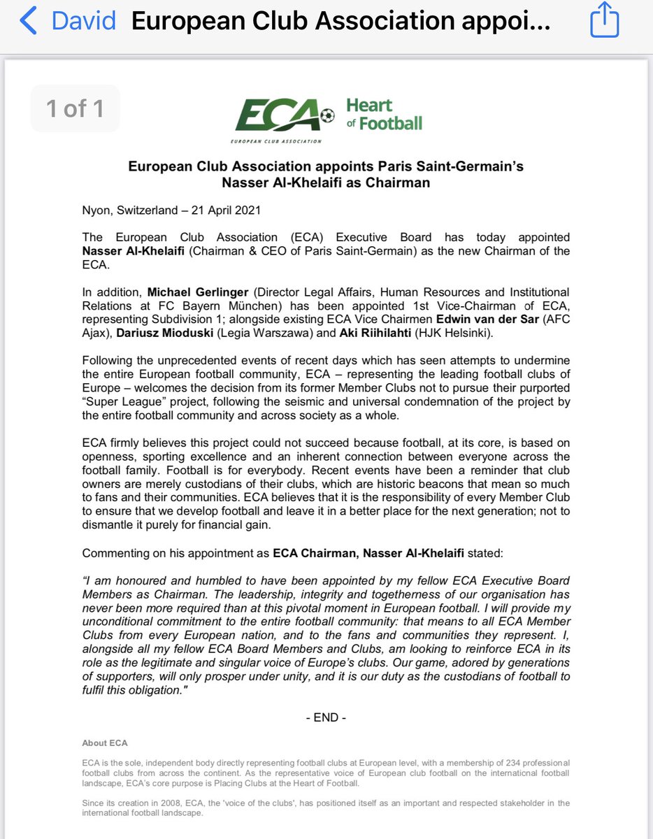 It’s all worked out rather well for PSG and Nasser al Khelaifi then. He’s now chairman of the ECA, replacing Andrea Agnelli who quit a few minutes after the Super League was announced.