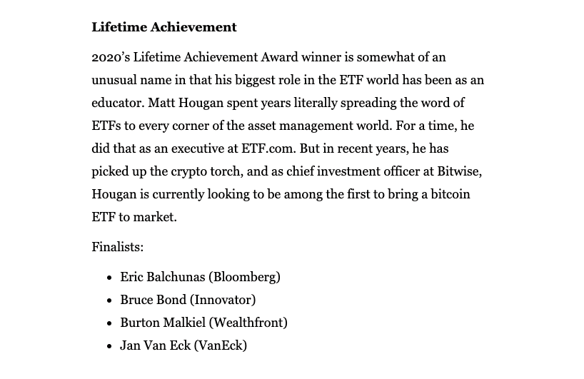 HHorsley's tweet photo. Congrats to my partner @Matt_Hougan on the @ETFcom Lifetime Achievement Award — 

Proud to work with you, &amp; grateful daily watching you bring those talents to the crypto space.

Congrats all the finalists &amp; winners yesterday!

https://t.co/EUAMD4LQLq https://t.co/vBj1u0Qjge
