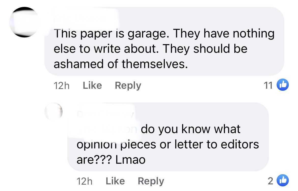 My Chicago neighborhood is served by a small, family-owned newspaper.The newspaper published a letter to the editor some in the community didn't like. Here was the reaction.Newsrooms assume readers understand the separation b/t reporting + opinion. Here's evidence many don't.