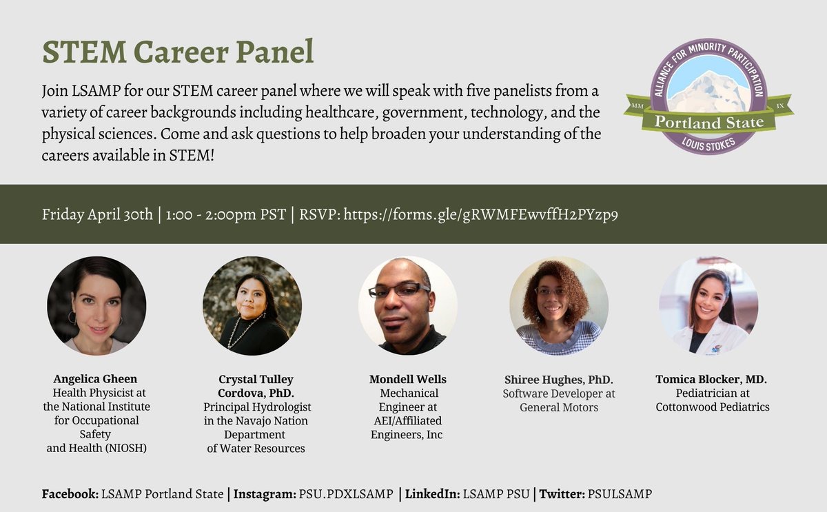 LSAMP is hosting a STEM Career Panel on Friday, April 30th 1:00 - 2:00pm PST. We will speak with five panelists from a variety of career backgrounds including healthcare, government, technology, and the physical sciences!