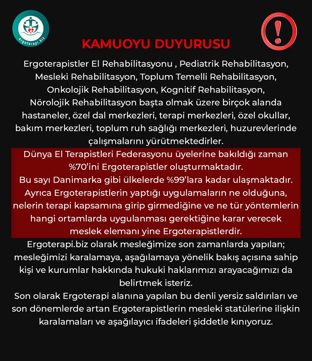 Ergoterapi alanına yapılan bu denli yersiz saldırıları ve son dönemlerde artan; Ergoterapistlerin mesleki statülerine ilişkin karalamaları ve aşağılayıcı ifadeleri kınıyoruz.
#ergoterapi
#ergoterapist