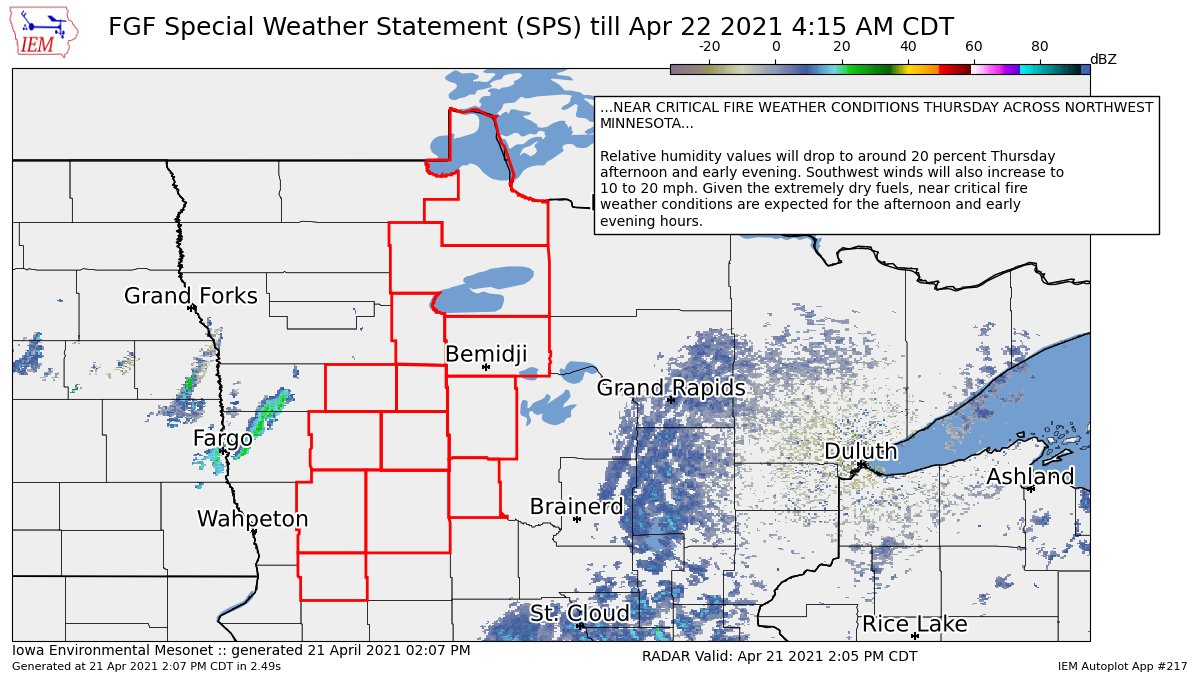 NEAR CRITICAL FIRE WEATHER CONDITIONS THURSDAY ACROSS NORTHWEST MINNESOTA for East Becker, East Otter Tail, Grant, Hubbard, Lake Of The Woods, Mahnomen, North Beltrami, North Clearwater, South Beltrami, South Clearwater, Wadena, West... till 4:15 AM CDT https://t.co/YfAwR5a4AW https://t.co/9bZnoQx2ng