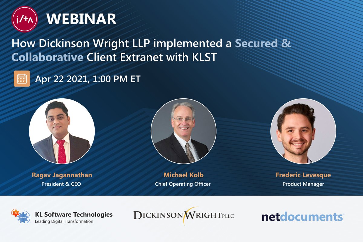 KLSTInc's tweet photo. Join our webinar partnered with @ILTANet|How Dickinson Wright LLP implemented a Secured & Collaborative Client #Extranet with #KLST. Register Now:
https://t.co/s5C9VHsfiN
@KLSTInc
#livewebinar #legaltech #legal #techwebinar #lawtech #legalinnovation #ilta #netdocuments #legal https://t.co/NR7VbOoXYS