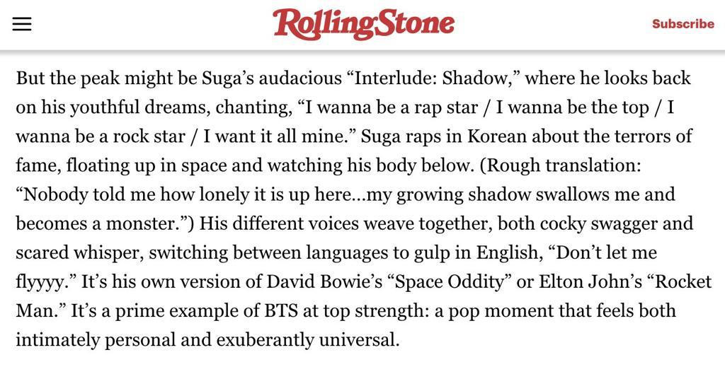 And last but not least here's Rolling Stone comparing Yoongi's Interlude: Shadow with David Bowie's Space Oddity yes I'm gonna cry