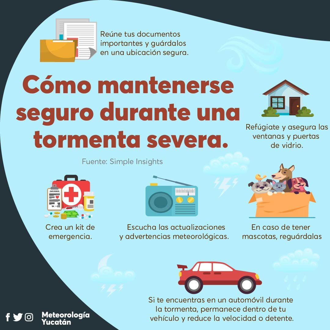 ClimaYucatan's tweet photo. ⛈De acuerdo con el pronóstico, hoy se esperan #tormentas en la Península de Yucatán, que podrían venir acompañadas de #turbonadas y #granizo.
Te compartimos algunas recomendaciones para mantenerte seguro. https://t.co/WECZ82UIIj