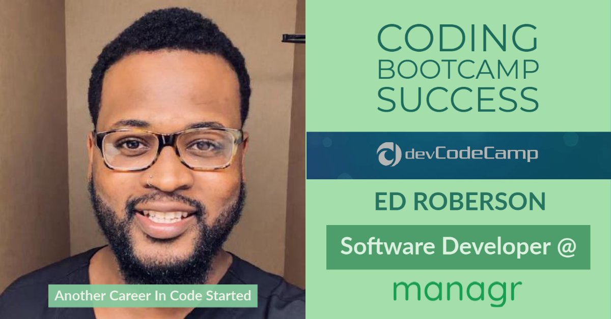 devcodecamp's tweet image. Another success story from our #OnlineCodingBootcamp. Congrats to you Ed! #VetsInTech #LearnToCode #Talent