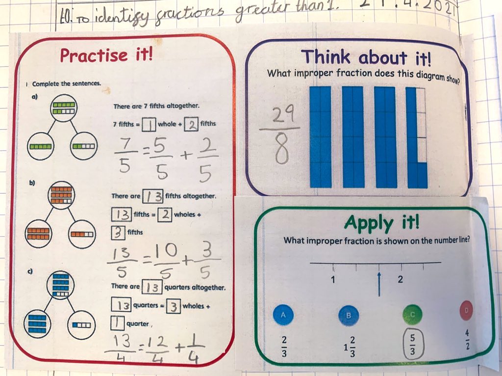 DavisonMiss's tweet image. 🚨Fractions greater than 1️⃣🚨

Introduced #improper fractions &amp;amp; #Numicon &amp;amp; pegs helped us to:

1️⃣Make &amp;amp; show the whole group(s)
2️⃣Count in the given parts
3️⃣Partition the whole and the proper fraction

Successful transition to the #pictorial

Thankyou @WhiteRoseMaths for the Qs!