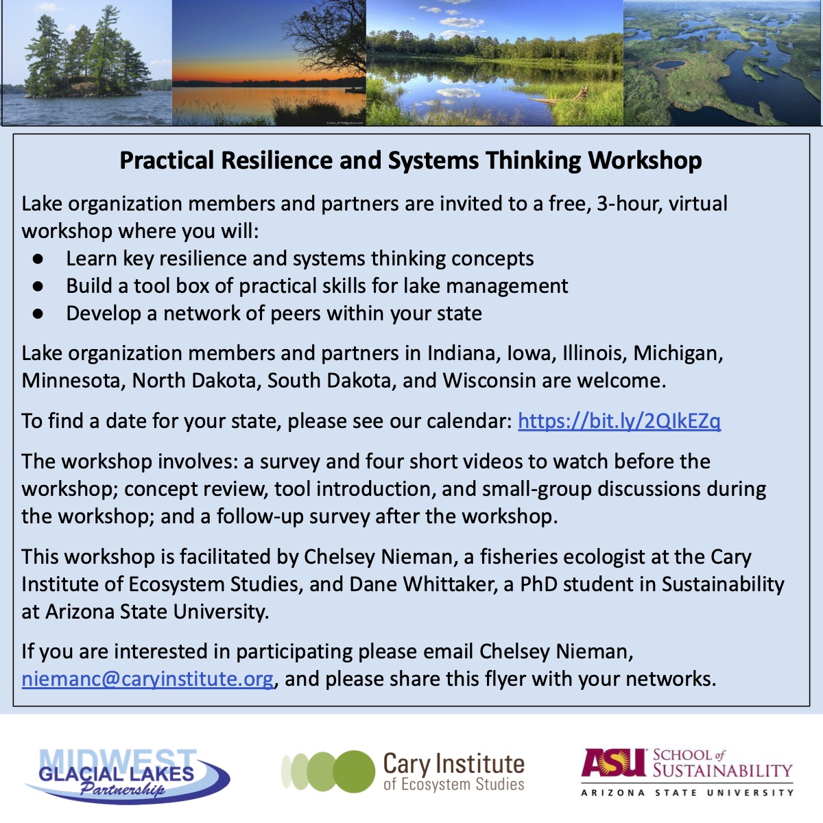 chelsfishdoc's tweet image. Are you a member or partner of a lake organization that would benefit from long-term lake management planning tools? We are running a practical resilience and systems thinking workshop series for lake organizations in the Midwest. Sign up and retweet! @MGLFHP @dane_whittaker