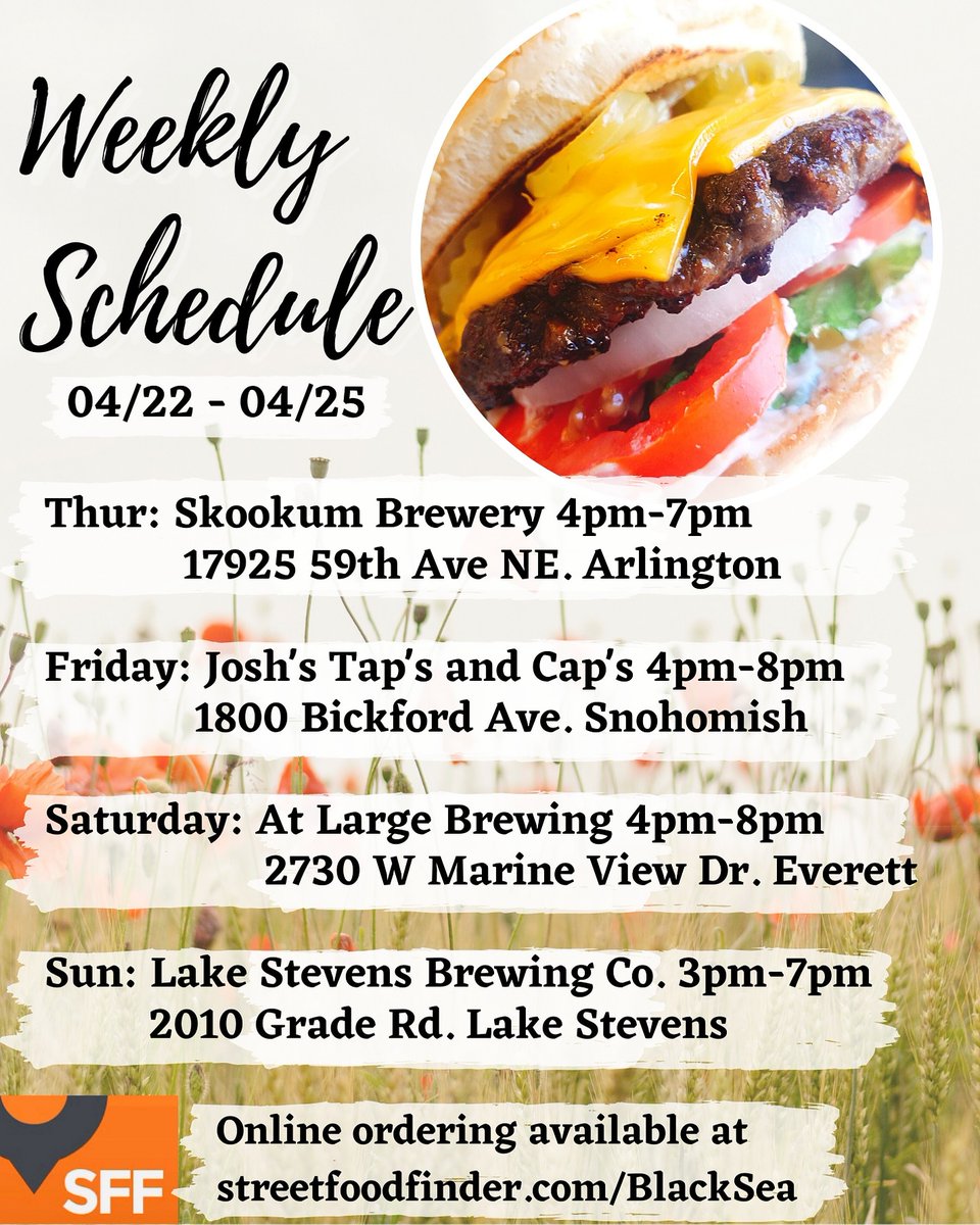 BlackSeaTruck's tweet photo. Weekly Schedule. πΊπ
Online ordering is always available on https://t.co/pwpyfGm5KW
#weeklyschedule #blackseafoodtruck #lambkebab #burger #foodie #beersandburgers #streetfoodfinder #seattlefoodie #everett #snohomishwa #arlingtonwa #lakestevens #liveineverett
@wafoodtrucks https://t.co/d4y9zwXsWf