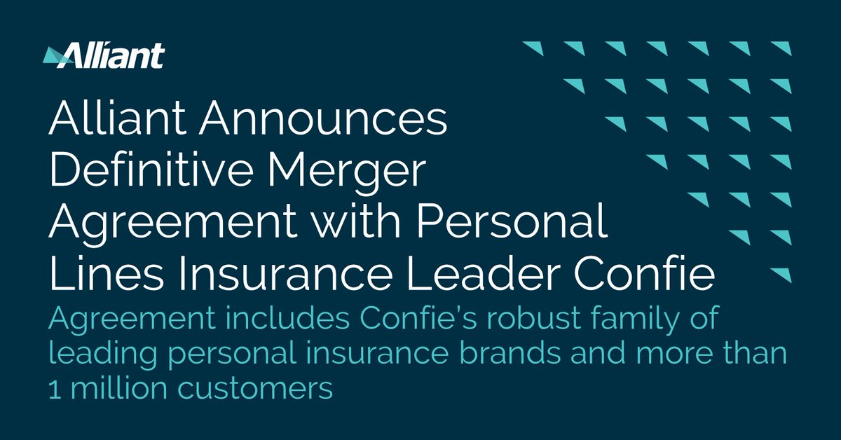 Alliant has entered into a definitive #merger agreement with Confie, the largest #personallines insurance distributor in the U.S. #AlliantInsurance bwnews.pr/32BfSzO