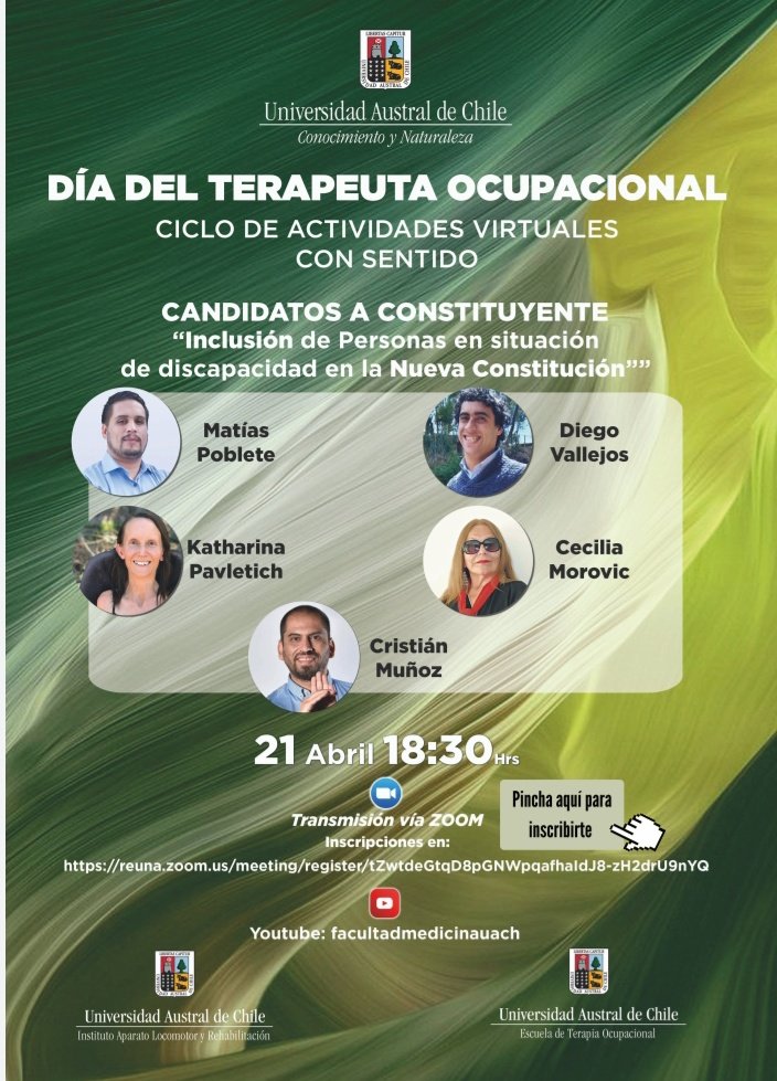 Hoy estaré participando y conversando en la celebración del día del terapeuta ocupacional de la <a href="/UAustraldeChile/">Universidad Austral de Chile</a> vía YouTube y Zoom. El canal de YouTube live youtube.com/user/FacultadM… y la transmisión parte a las 18:30 horas. Los esperamos!