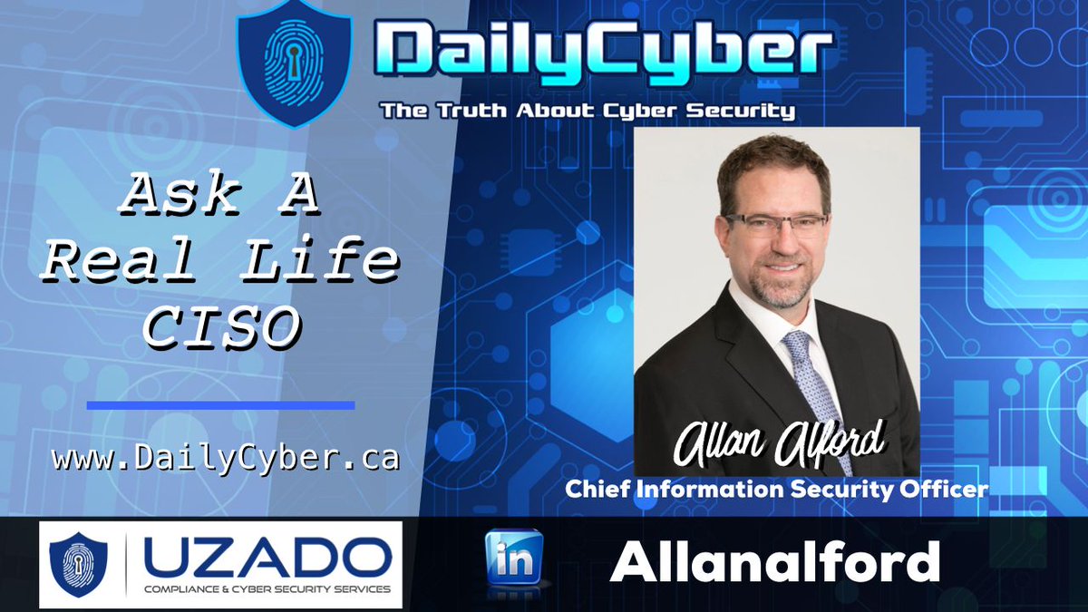 BrandonKrieger's tweet photo. DailyCyber is Live on Twitch! 

Come out and learn the truth about Cybersecurity. Today ask a Real Life CISO Allan Alford any question you have! 

 https://t.co/3JiOXWLeWX

#Cybersecurity, #Cybersecuritynews, #BrandonKrieger, #Cyber_insecurity, #Cybersecurityawareness, #Uzado https://t.co/7u1oReWsIY